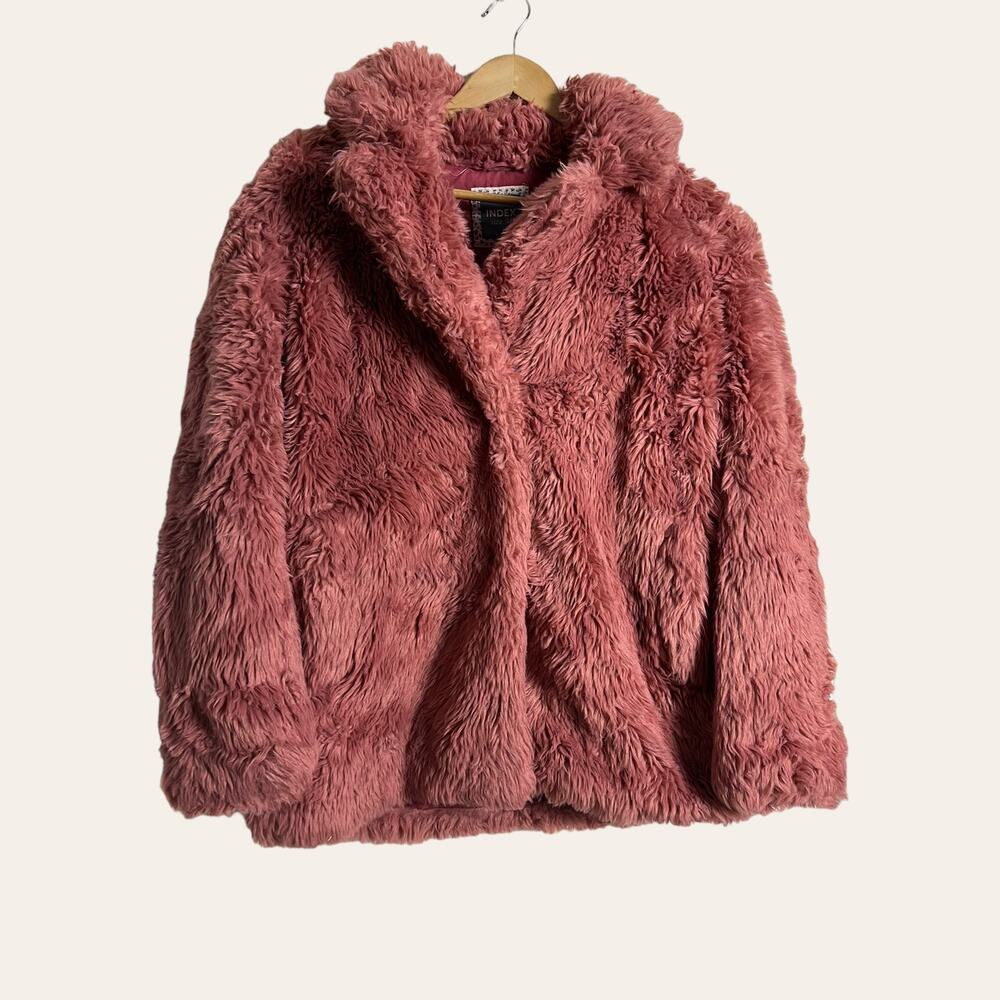 Index Pink Fluffy Shag Faux Fur Notch Collar Jacket Coat Size M